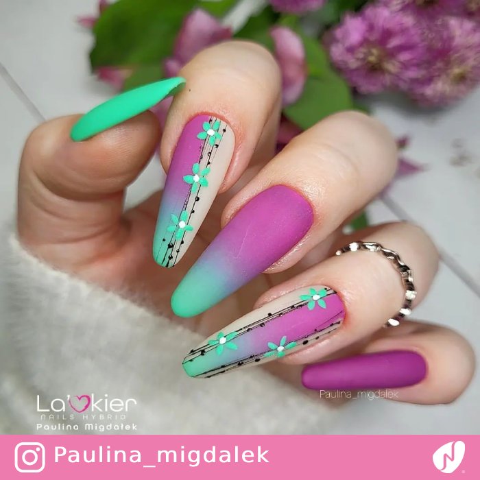 Spring Ombre Nails with Green Flowers